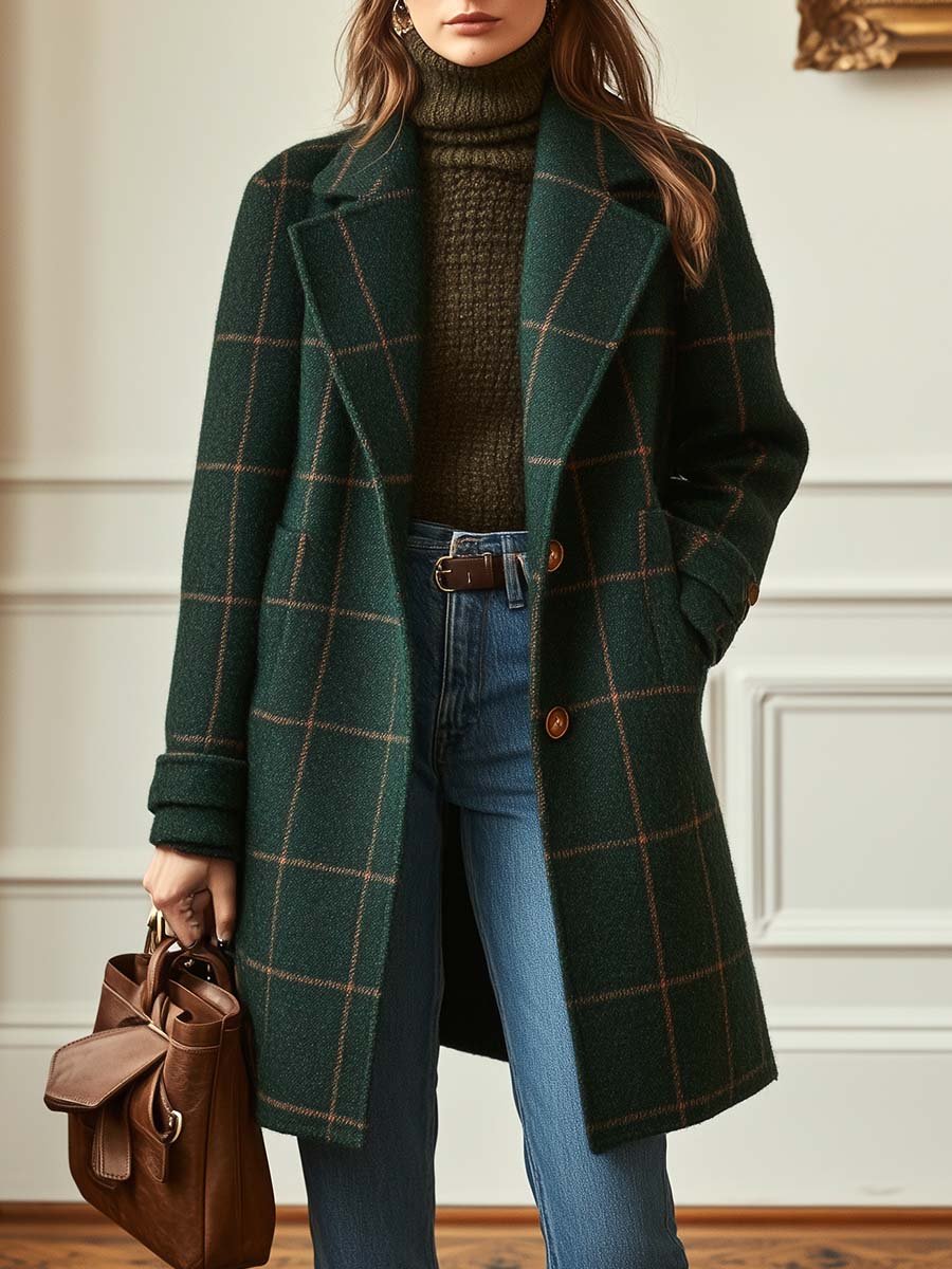 Retro-Karomantel aus Tweed mit Revers für Frauen